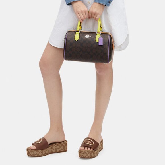 COACH Rowan Satchel In Colorblock Signature Canvas Silver/Brown/Iris Multi - Picture 16 of 16